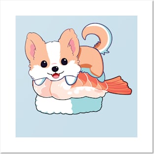 Corgi on a shrimp sushi Posters and Art